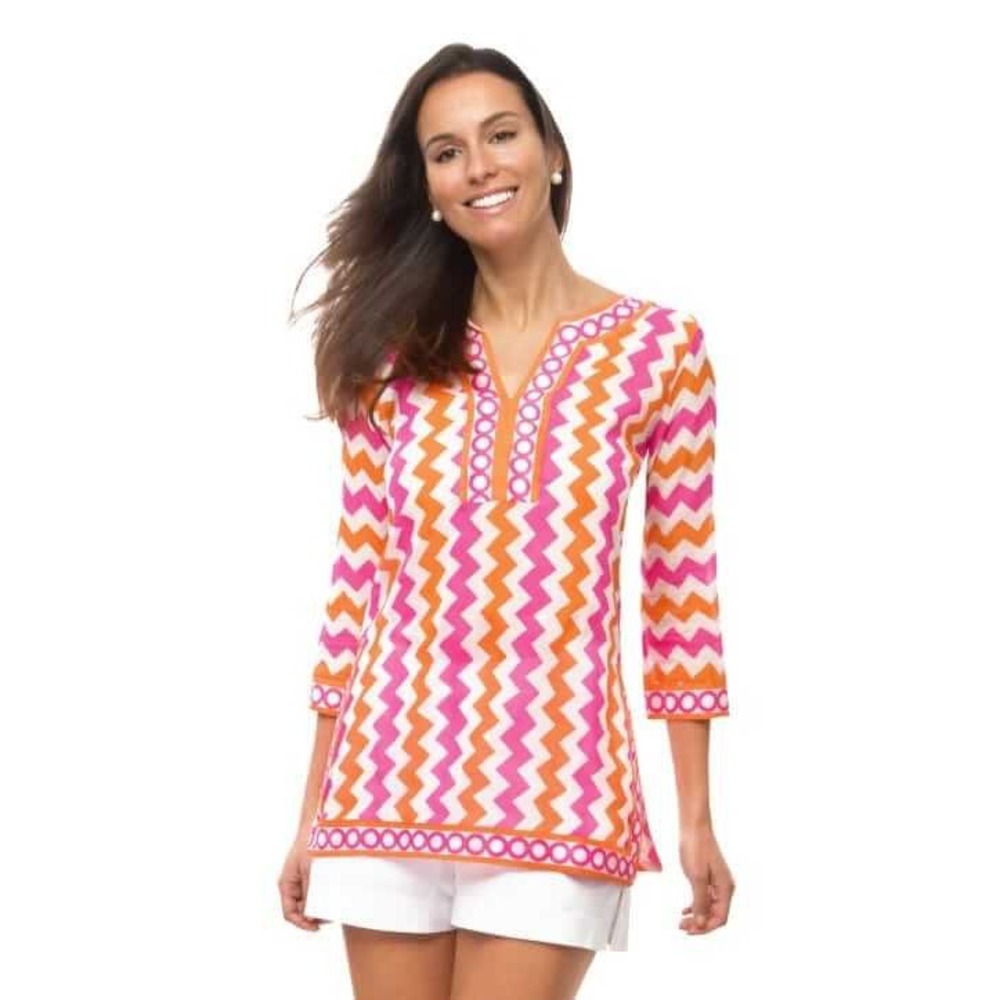 Gretchen Scott NWT Women's Split Neck Tunic Zig Zag Pink Beach Pool- Size‎ L